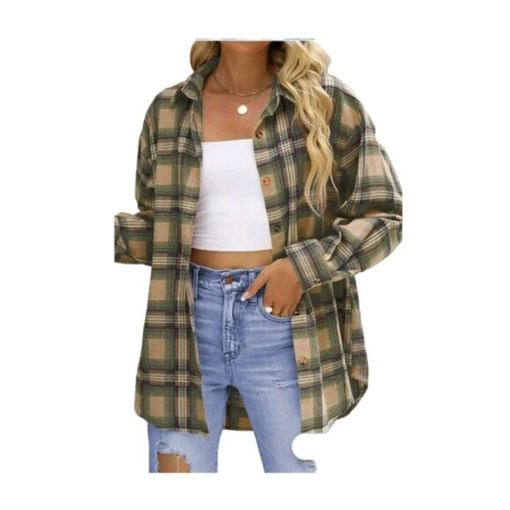 Fantaslook Womens Plaid Flannel Shacket Oversized Button Down Shirt Green‎ Large